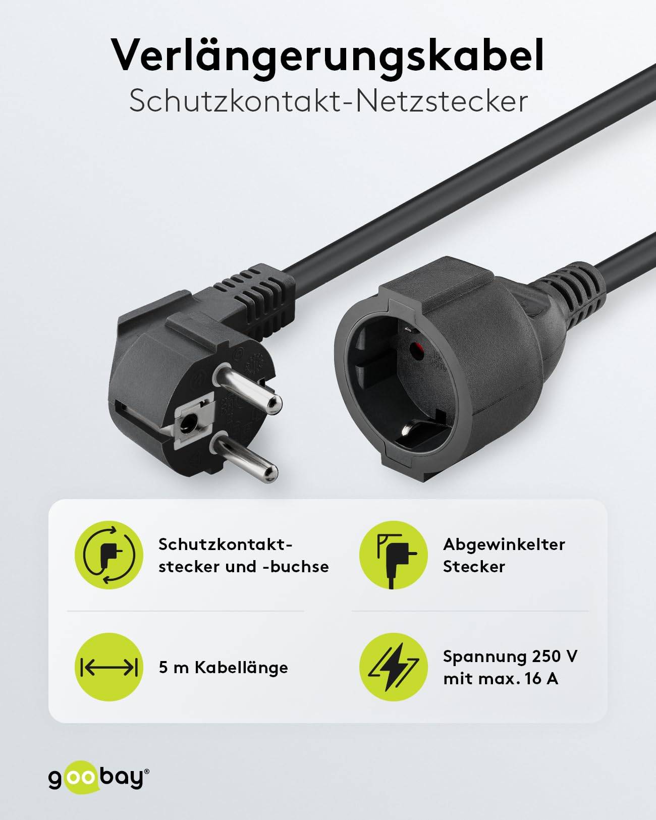 Goobay 93094 Verlängerungskabel mit Schutzkontaktstecker 250V Schutzkontakt 5 Meter Stromkabel Verlängerung Schwarz 5m-1