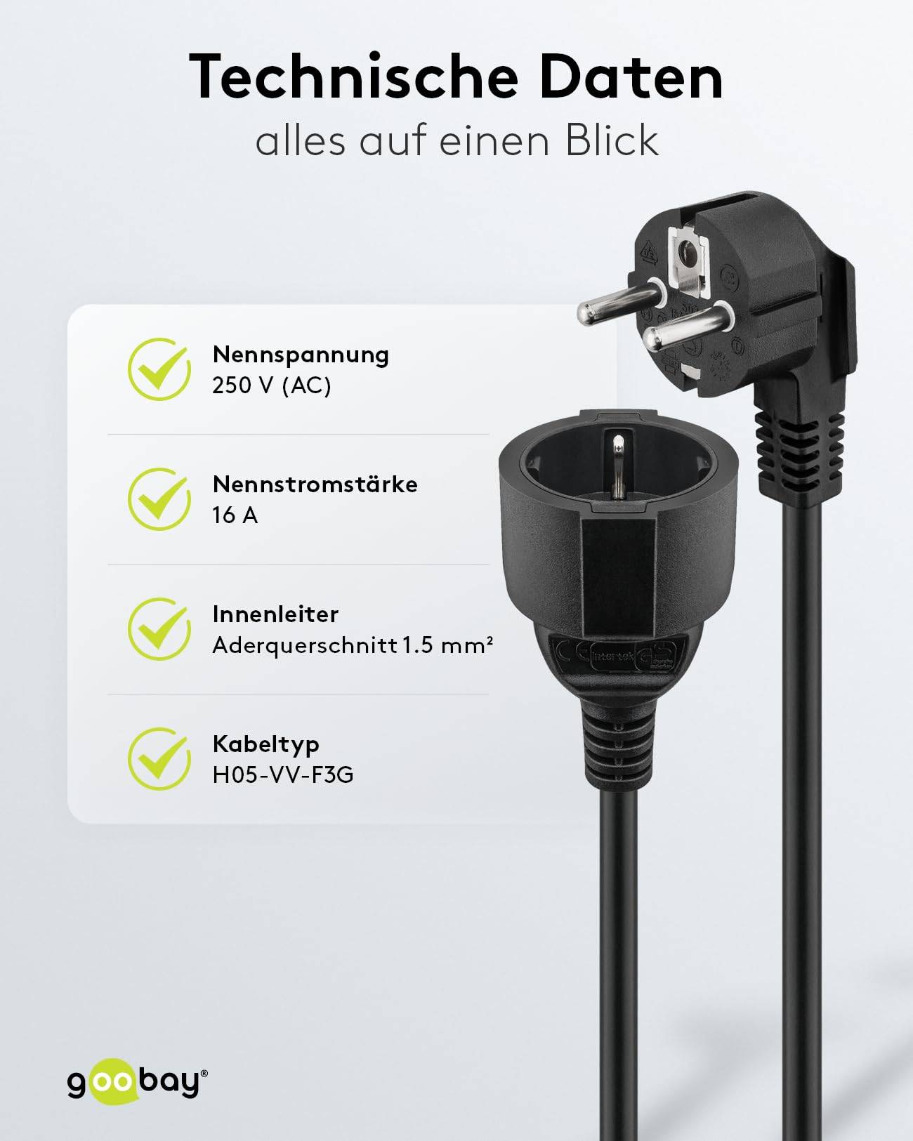 Goobay 93094 Verlängerungskabel mit Schutzkontaktstecker 250V Schutzkontakt 5 Meter Stromkabel Verlängerung Schwarz 5m-3