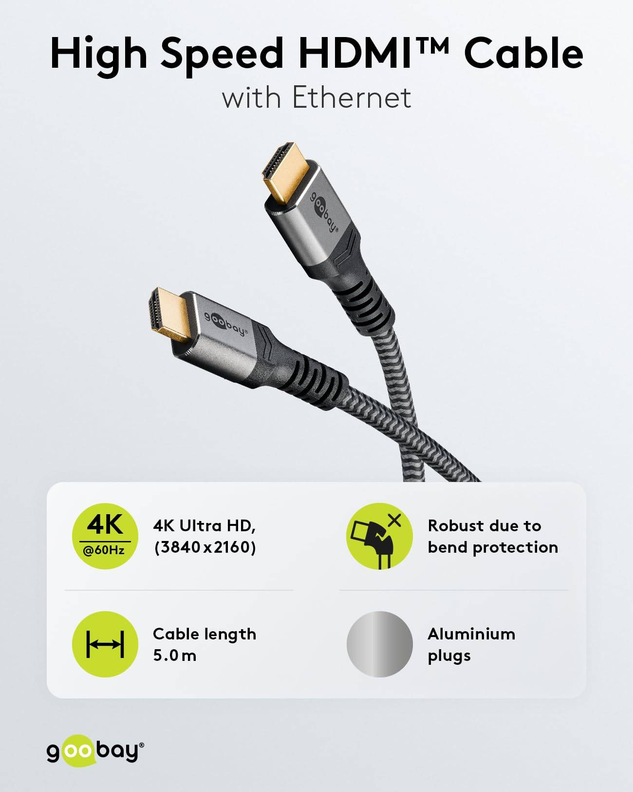 Goobay Plus 64996 Highspeed HDMI Kabel Ethernet UHD 4K @ 60Hz Monitorkabel 18 Gbits Textilkabel Shark Skin / Grau / 5m-3