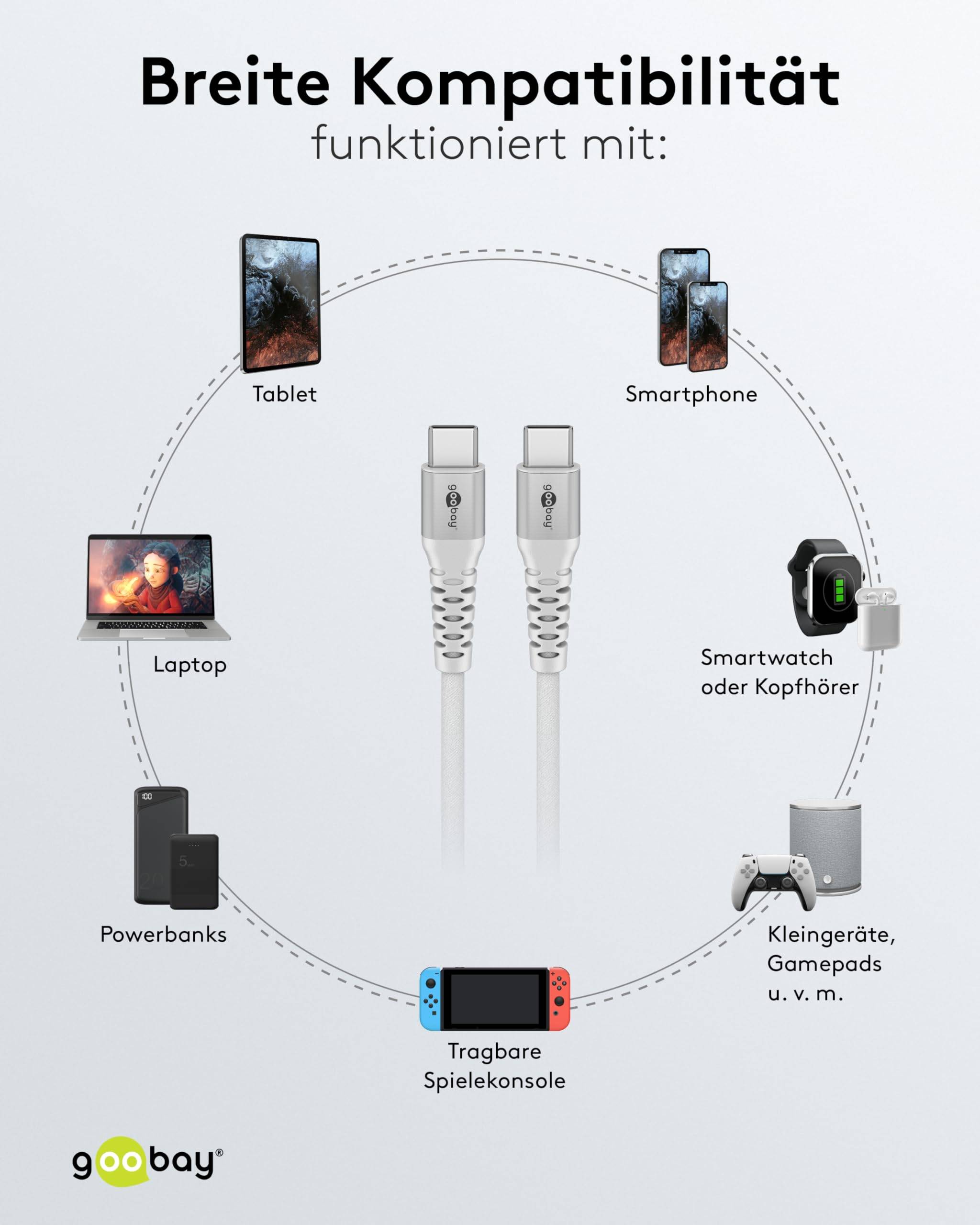 Goobay 70195 USB C auf USB C Ladekabel 60W / Textilkabel 480 Mbits / USB 2.0 Typ C Adapterkabel Stoffkabel / Weiß / 3m-6
