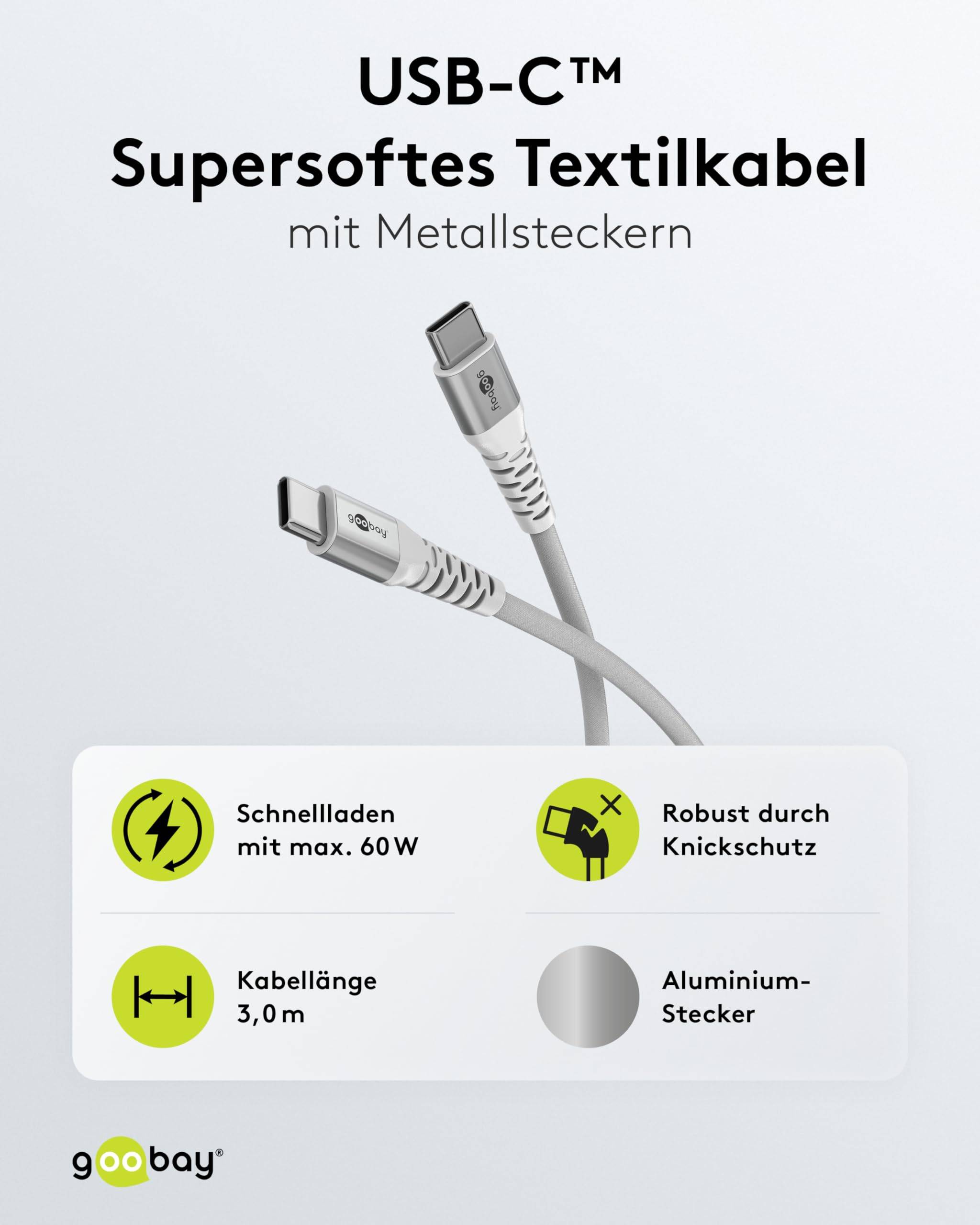 Goobay 70195 USB C auf USB C Ladekabel 60W / Textilkabel 480 Mbits / USB 2.0 Typ C Adapterkabel Stoffkabel / Weiß / 3m-1
