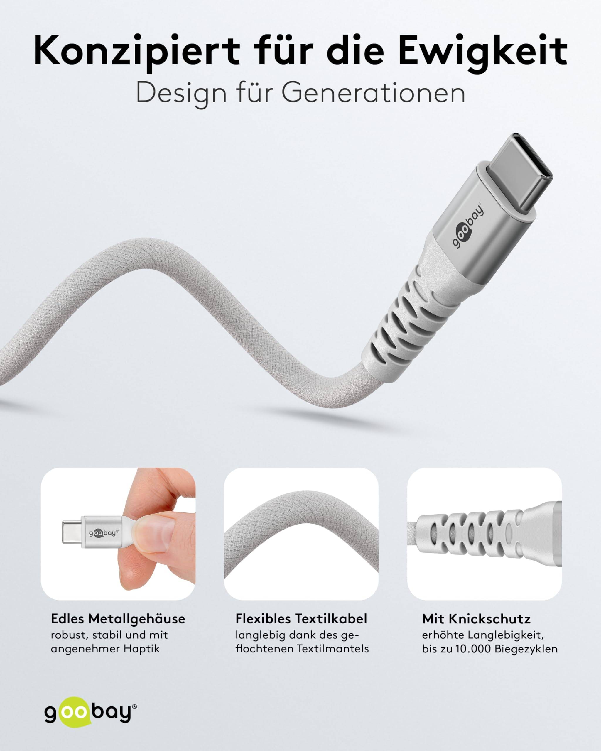 Goobay 70195 USB C auf USB C Ladekabel 60W / Textilkabel 480 Mbits / USB 2.0 Typ C Adapterkabel Stoffkabel / Weiß / 3m-3