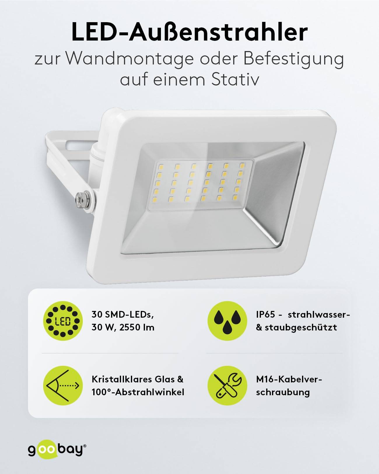 Goobay 53873 LED Strahler Außen 30W Außenstrahler 2550 lm / Scheinwerfer Wandmontage Fluter / IP56 Gartenstrahler / Weiß-1