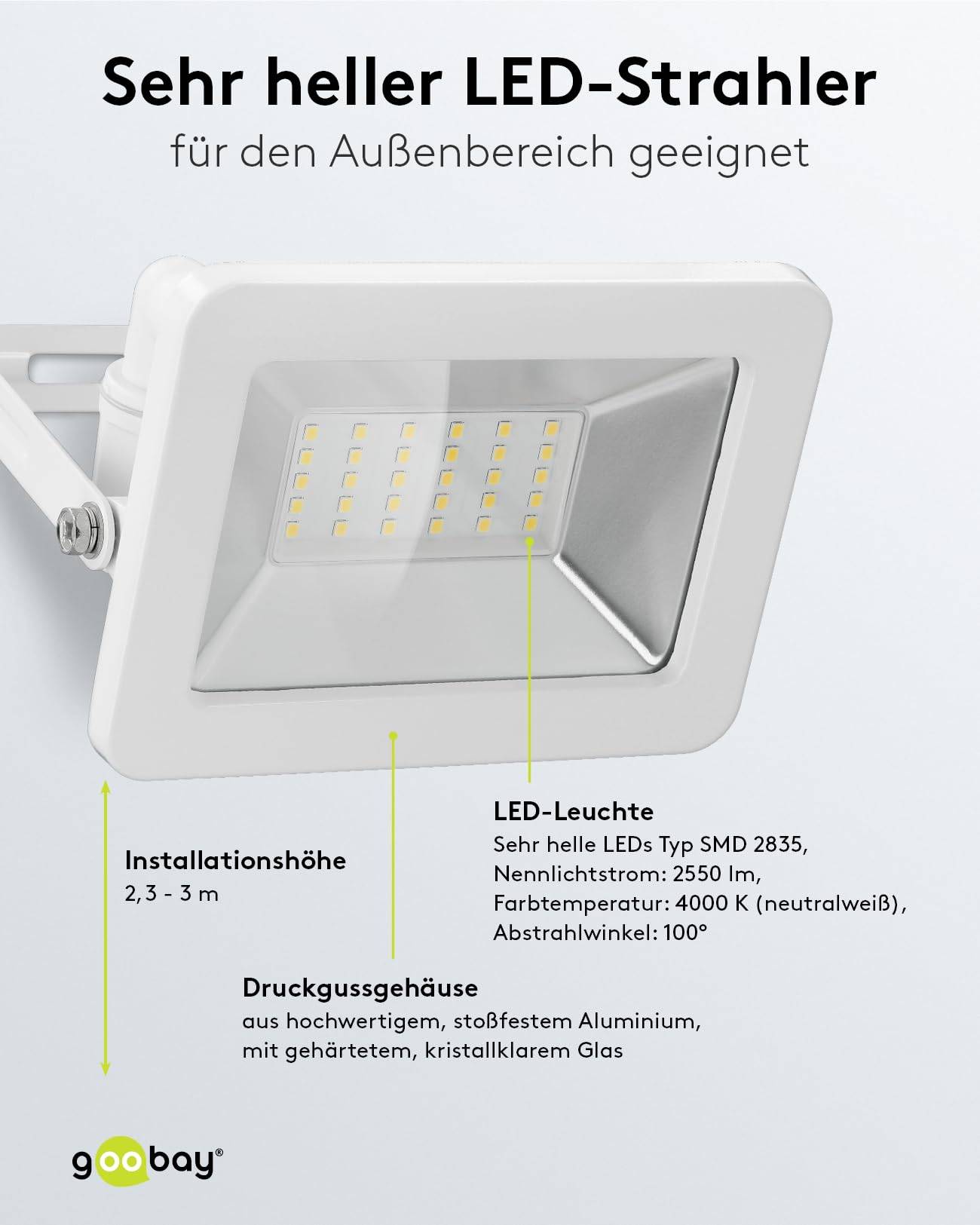 Goobay 53873 LED Strahler Außen 30W Außenstrahler 2550 lm / Scheinwerfer Wandmontage Fluter / IP56 Gartenstrahler / Weiß-3