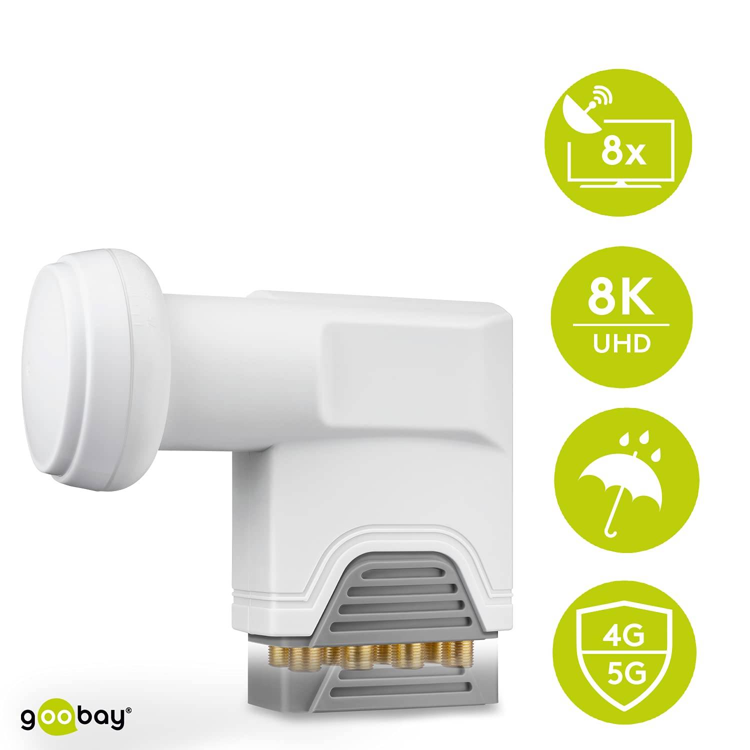 Goobay 67273 Universal Octo LNB für 8x Teilnehmer UHD 8K vergoldete F-Buchsen wasserdicht SAT LNB digital DVB-S2 & DVB-S-1