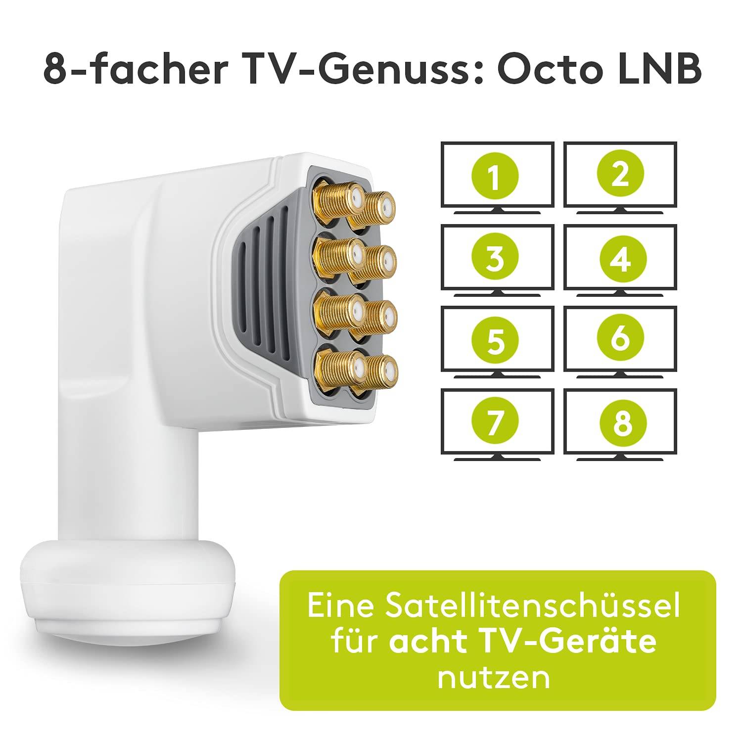 Goobay 67273 Universal Octo LNB für 8x Teilnehmer UHD 8K vergoldete F-Buchsen wasserdicht SAT LNB digital DVB-S2 & DVB-S-3