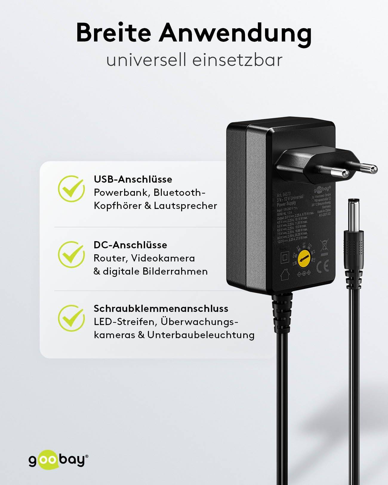 Goobay 64570 Universal Netzteil 3-12V Ladegerät 11 Adapter USB & DC Steckernetzteil max. 27W / 2,25A Netzadapter Schwarz-5