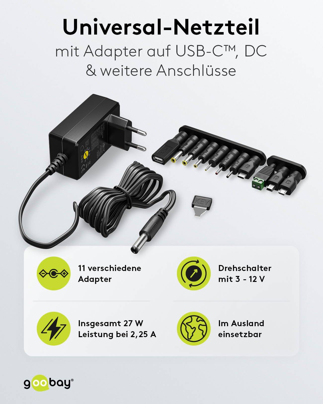Goobay 64570 Universal Netzteil 3-12V Ladegerät 11 Adapter USB & DC Steckernetzteil max. 27W / 2,25A Netzadapter Schwarz-1