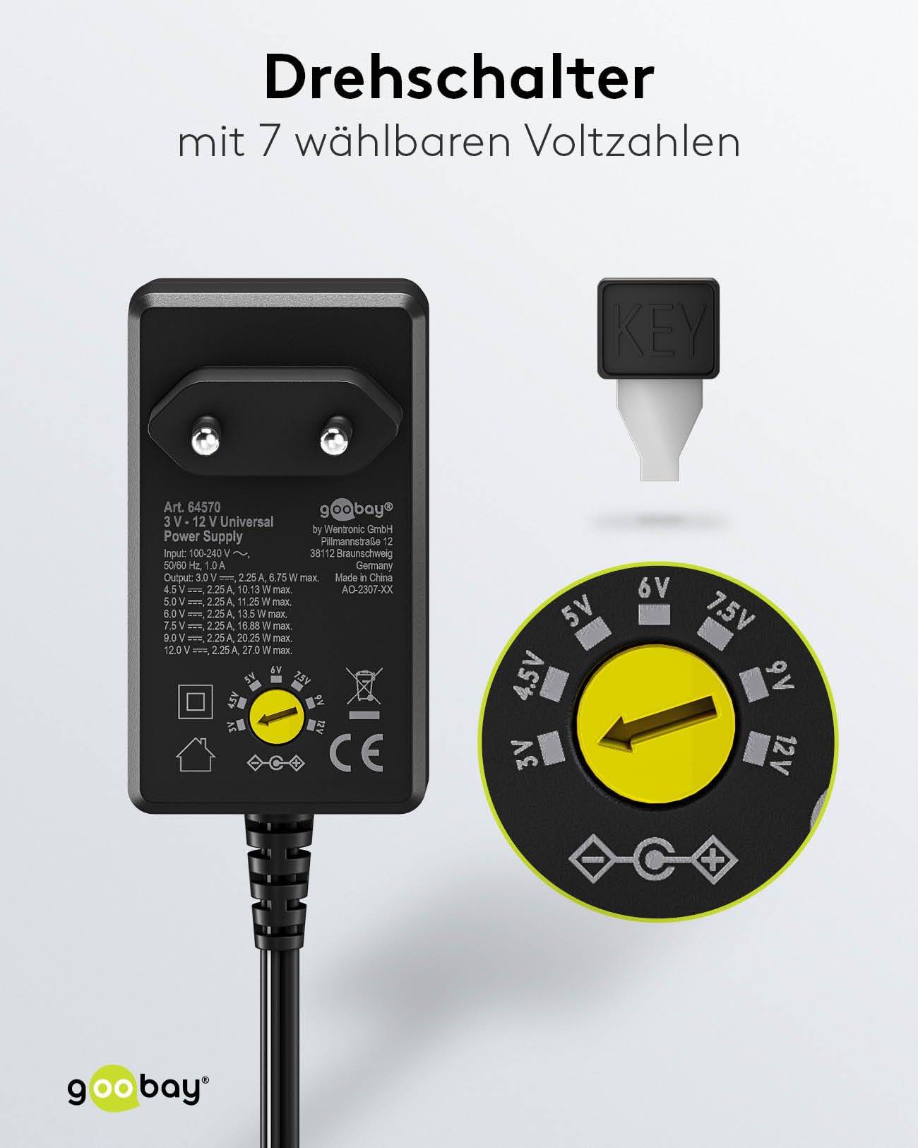 Goobay 64570 Universal Netzteil 3-12V Ladegerät 11 Adapter USB & DC Steckernetzteil max. 27W / 2,25A Netzadapter Schwarz-3