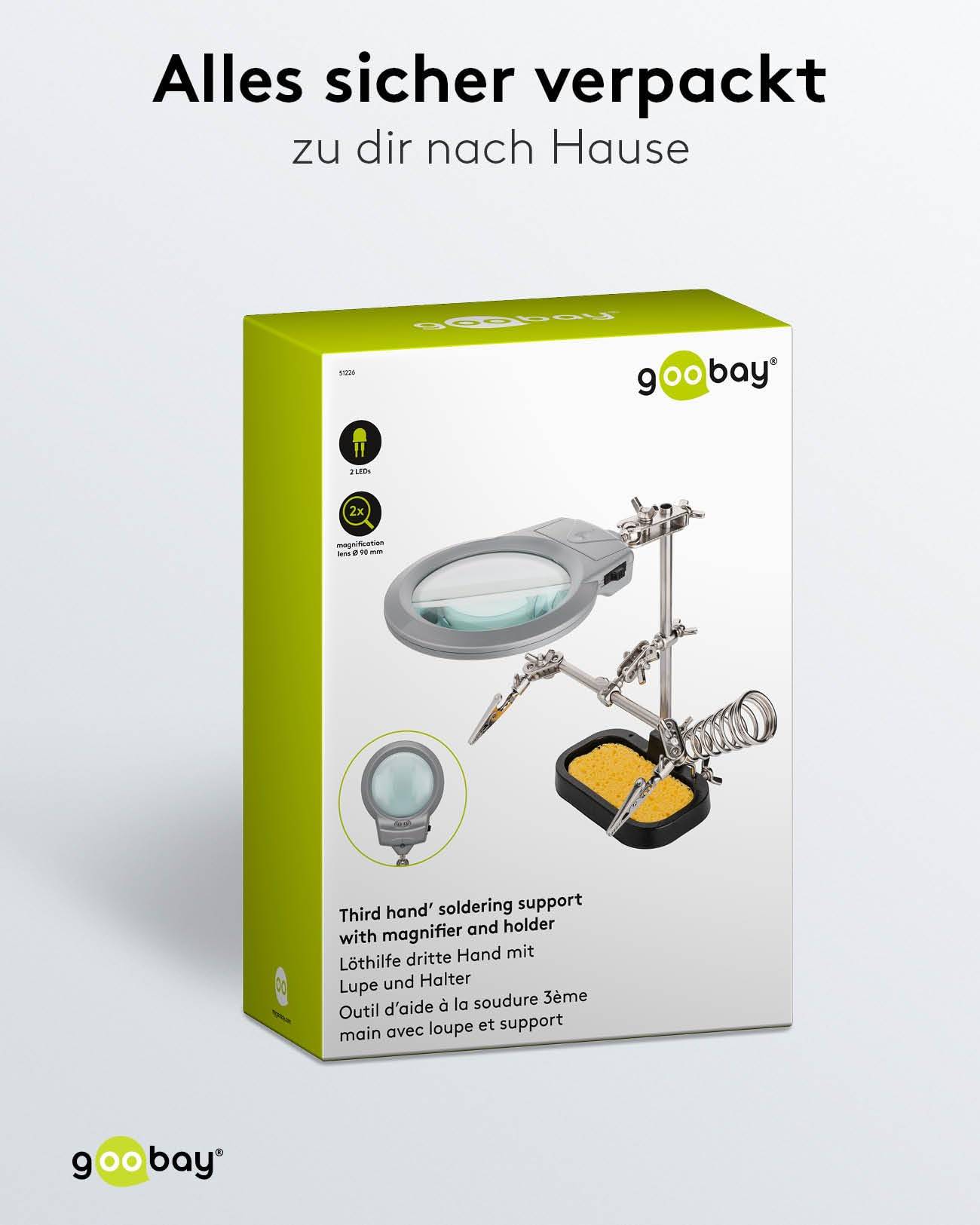 Goobay 51226 Dritte Hand mit LED Licht & Lupe Löthalterung Löthilfe Platinenhalter mit Lötkolben Halter & Krokodilklemme-6