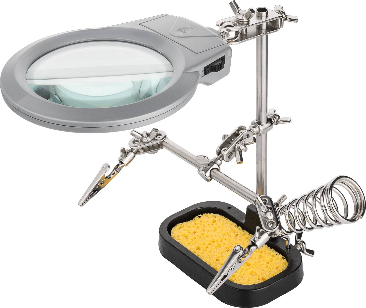 Goobay 51226 Dritte Hand mit LED Licht & Lupe Löthalterung Löthilfe Platinenhalter mit Lötkolben Halter & Krokodilklemme-0