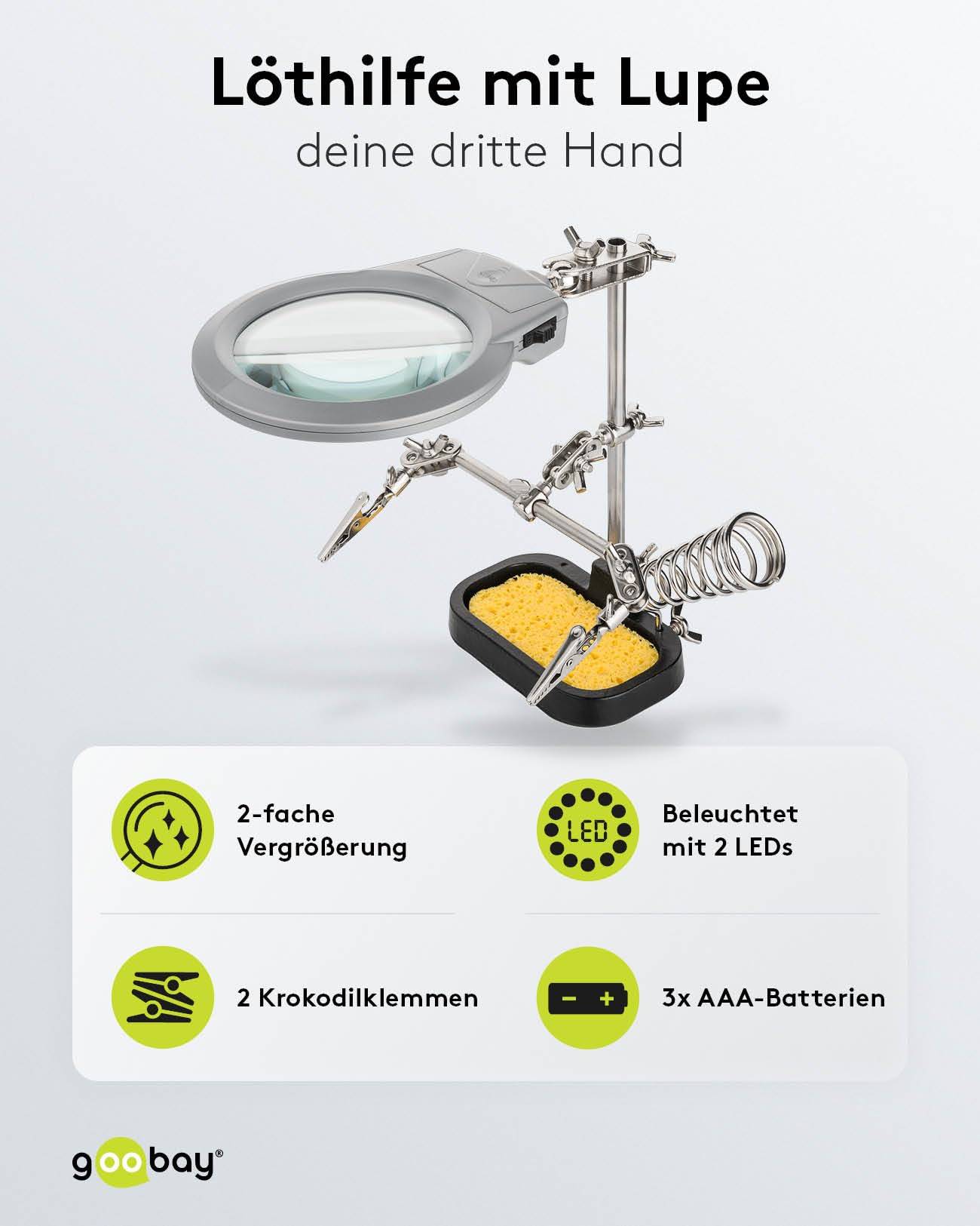 Goobay 51226 Dritte Hand mit LED Licht & Lupe Löthalterung Löthilfe Platinenhalter mit Lötkolben Halter & Krokodilklemme-1
