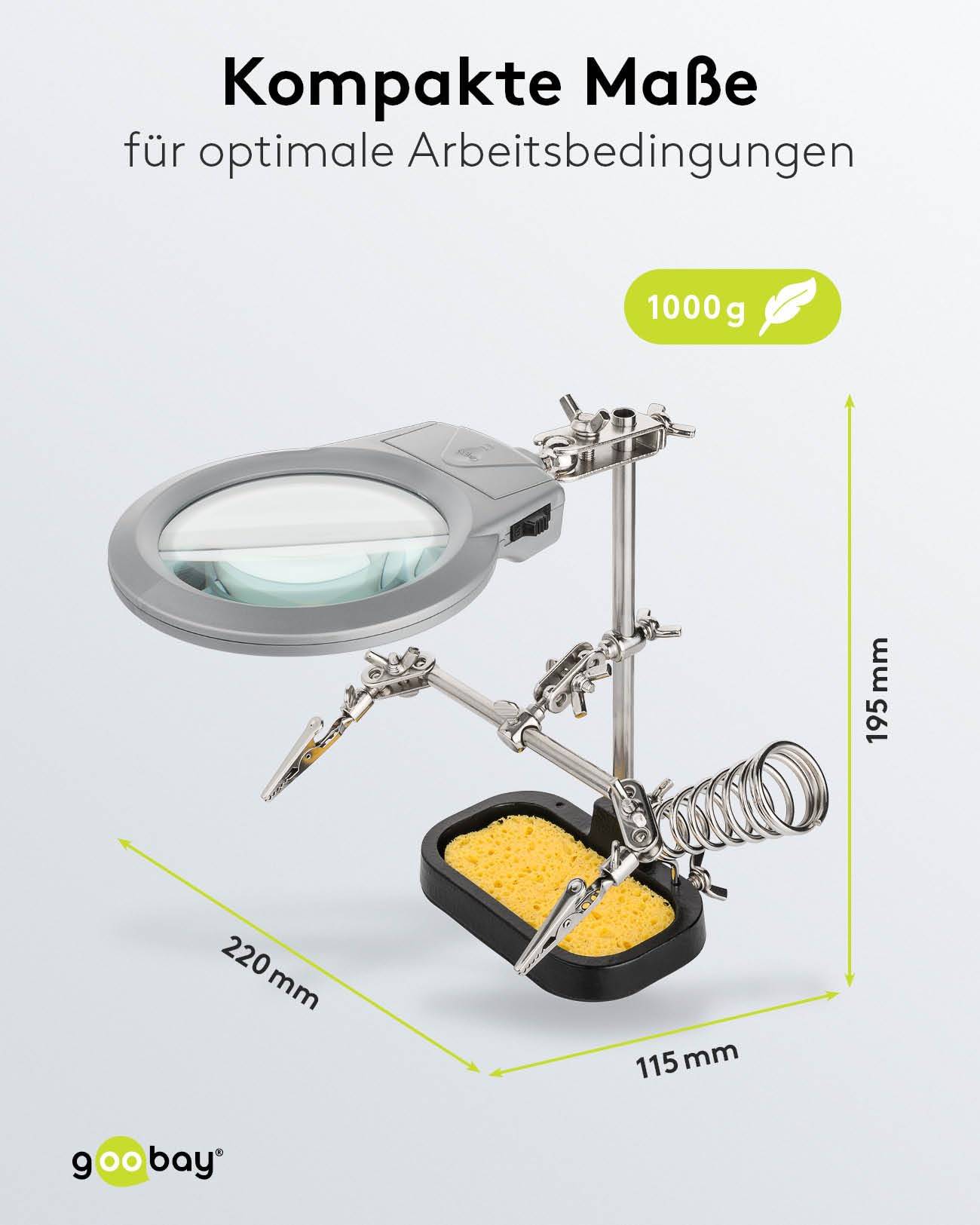 Goobay 51226 Dritte Hand mit LED Licht & Lupe Löthalterung Löthilfe Platinenhalter mit Lötkolben Halter & Krokodilklemme-2