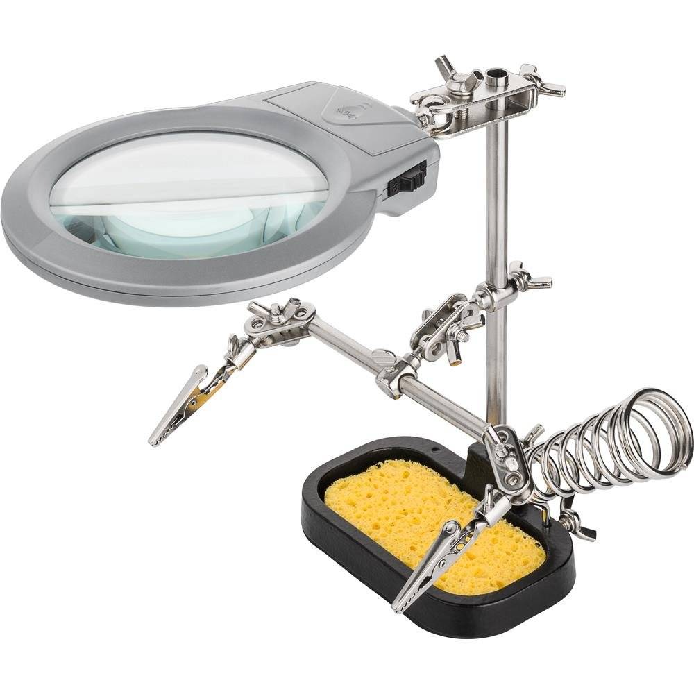 Goobay 51226 Dritte Hand mit LED Licht & Lupe Löthalterung Löthilfe Platinenhalter mit Lötkolben Halter & Krokodilklemme-3