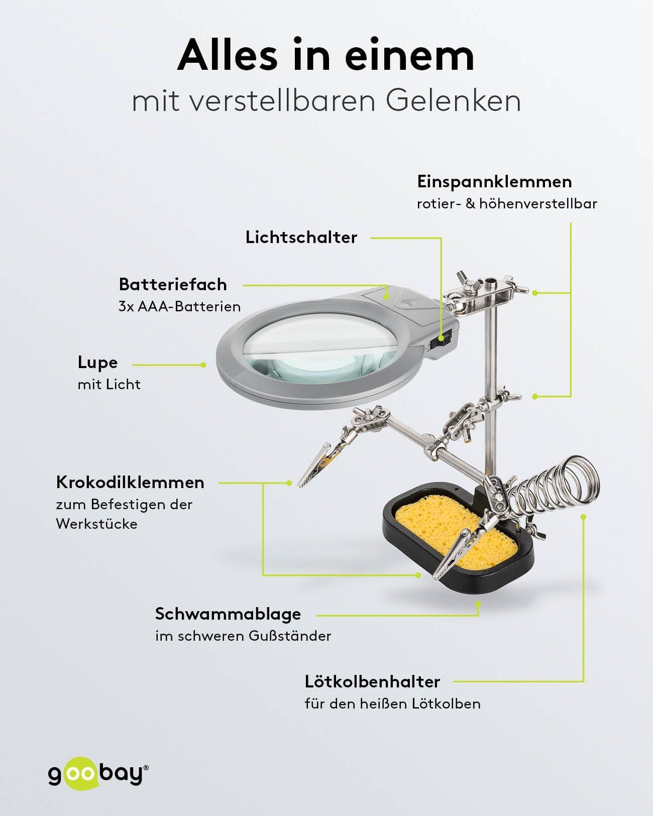 Goobay 51226 Dritte Hand mit LED Licht & Lupe Löthalterung Löthilfe Platinenhalter mit Lötkolben Halter & Krokodilklemme-4