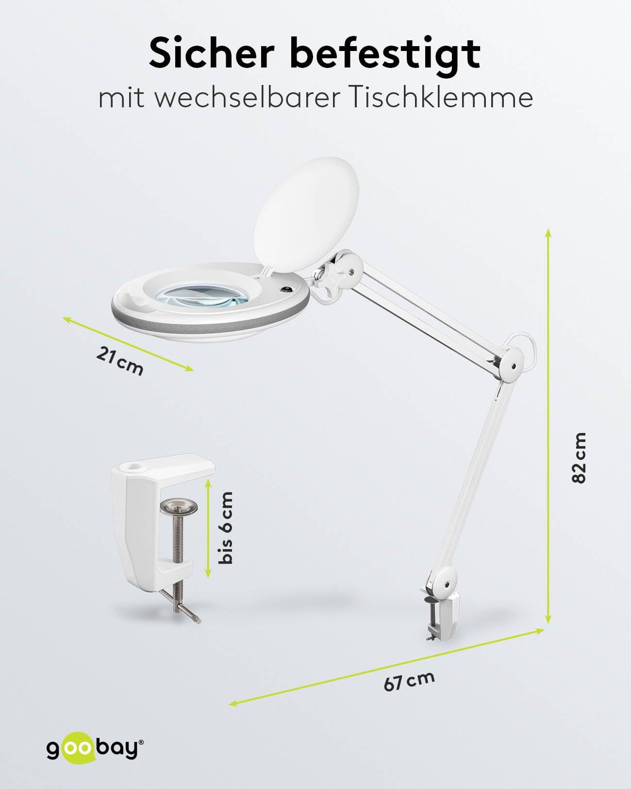 Goobay 60361 LED Lupenleuchte Tischklemme Ø 127mm Echtglas Linse 3 Dioptrien Lupe mit Licht Lupenlampe Tischlupe Weiß-2