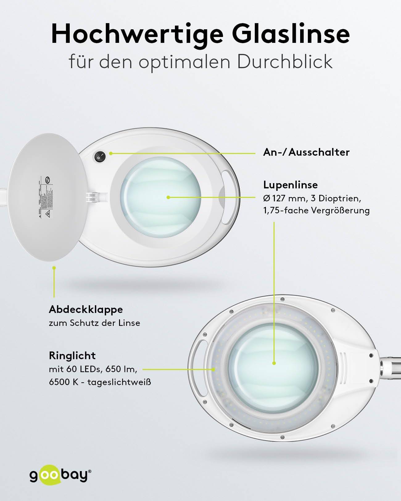 Goobay 60361 LED Lupenleuchte Tischklemme Ø 127mm Echtglas Linse 3 Dioptrien Lupe mit Licht Lupenlampe Tischlupe Weiß-4