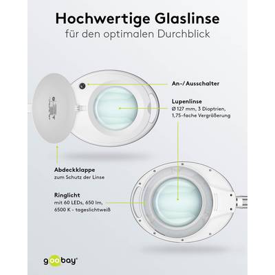 Goobay 60361 LED Lupenleuchte Tischklemme Ø 127mm Echtglas Linse 3 Dioptrien Lupe mit Licht Lupenlampe Tischlupe Weiß-4