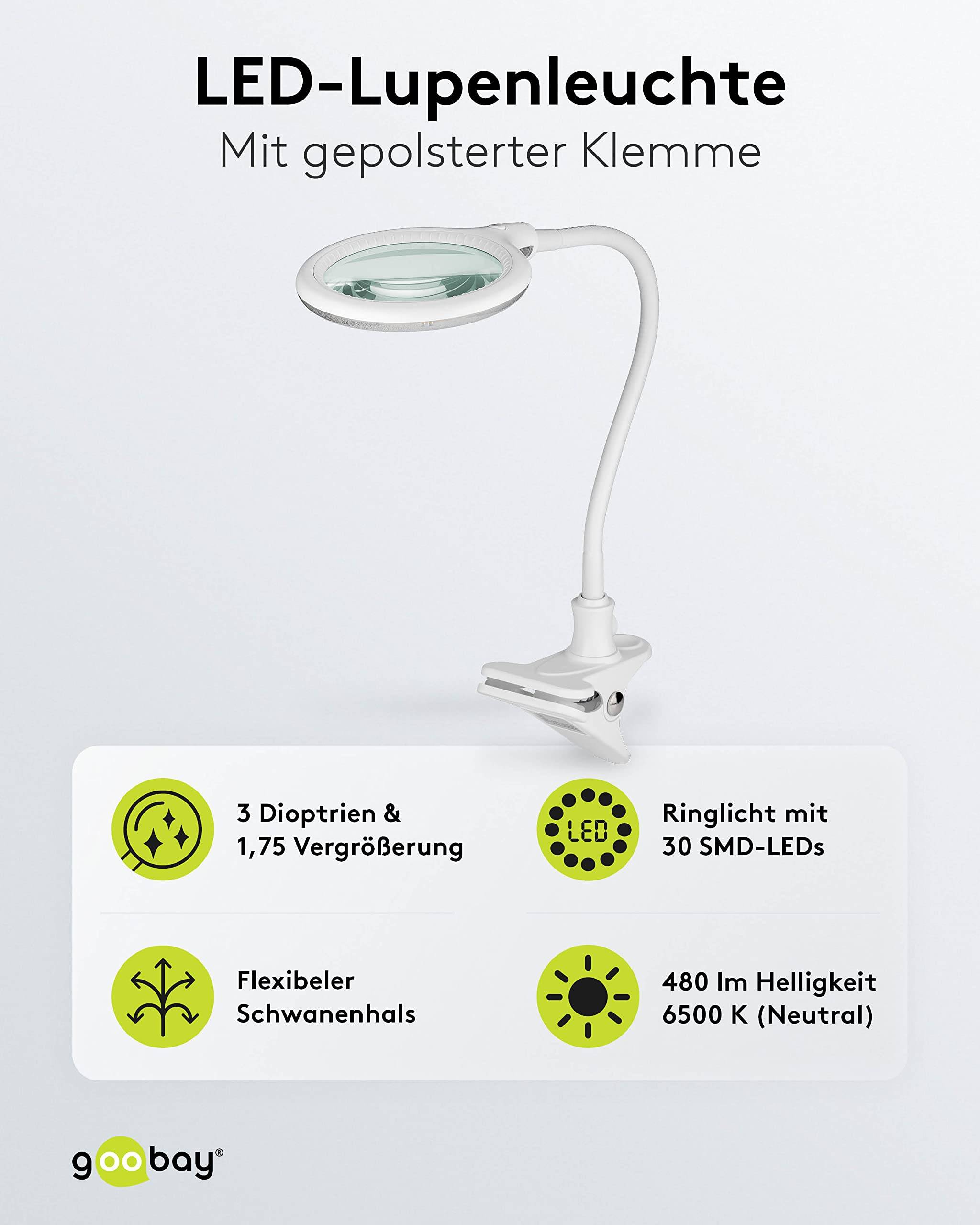Goobay 60365 LED Lupenleuchte Tischklemme Ø 100mm Echtglas Linse 3 Dioptrien Lupe mit Licht Lupenlampe Tischlupe Weiß-1