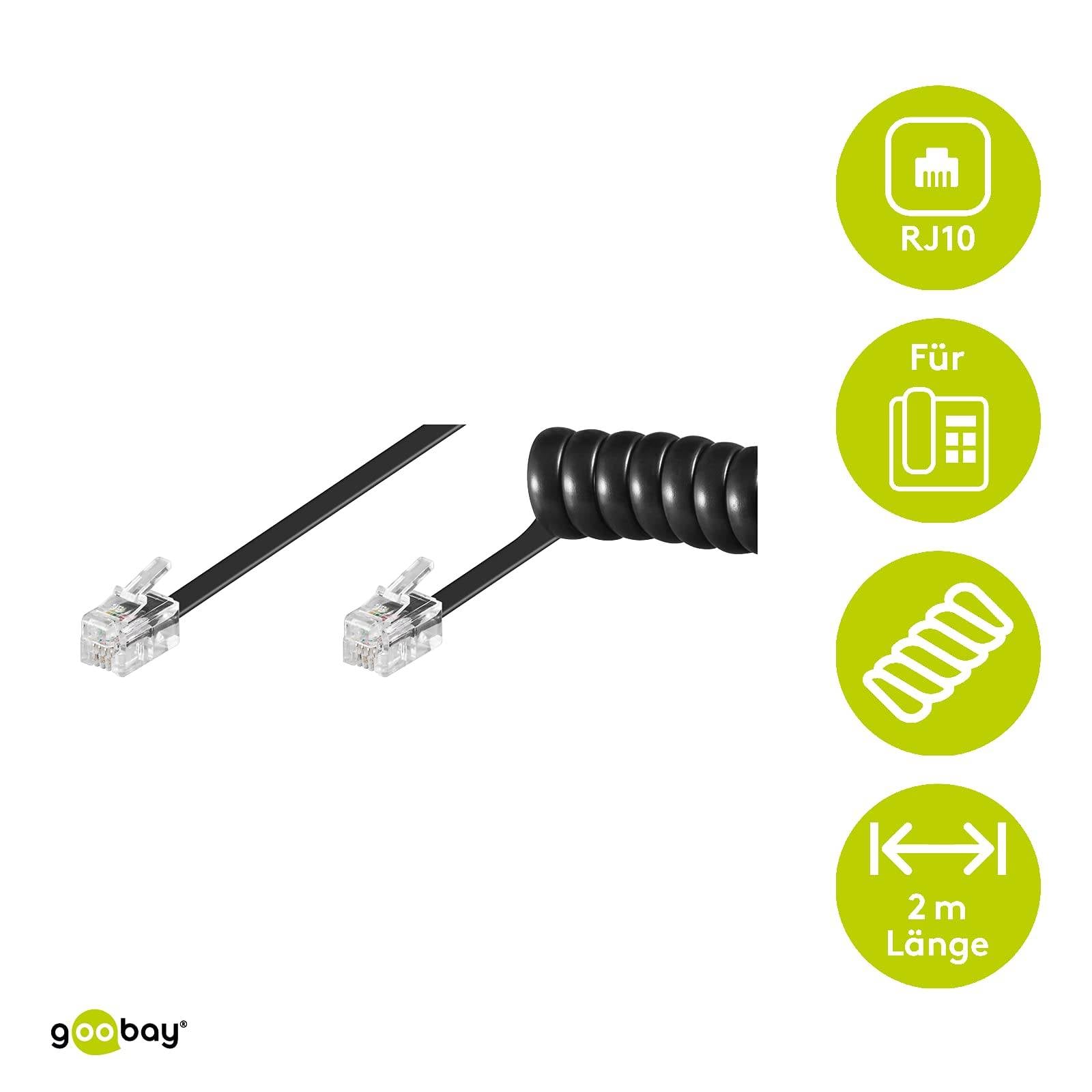 Goobay 50270 Telefonkabel RJ10 Stecker Telefonhörerkabel Spiralkabel Telefonstecker Telefonhörer Telefon Schwarz 2m-1