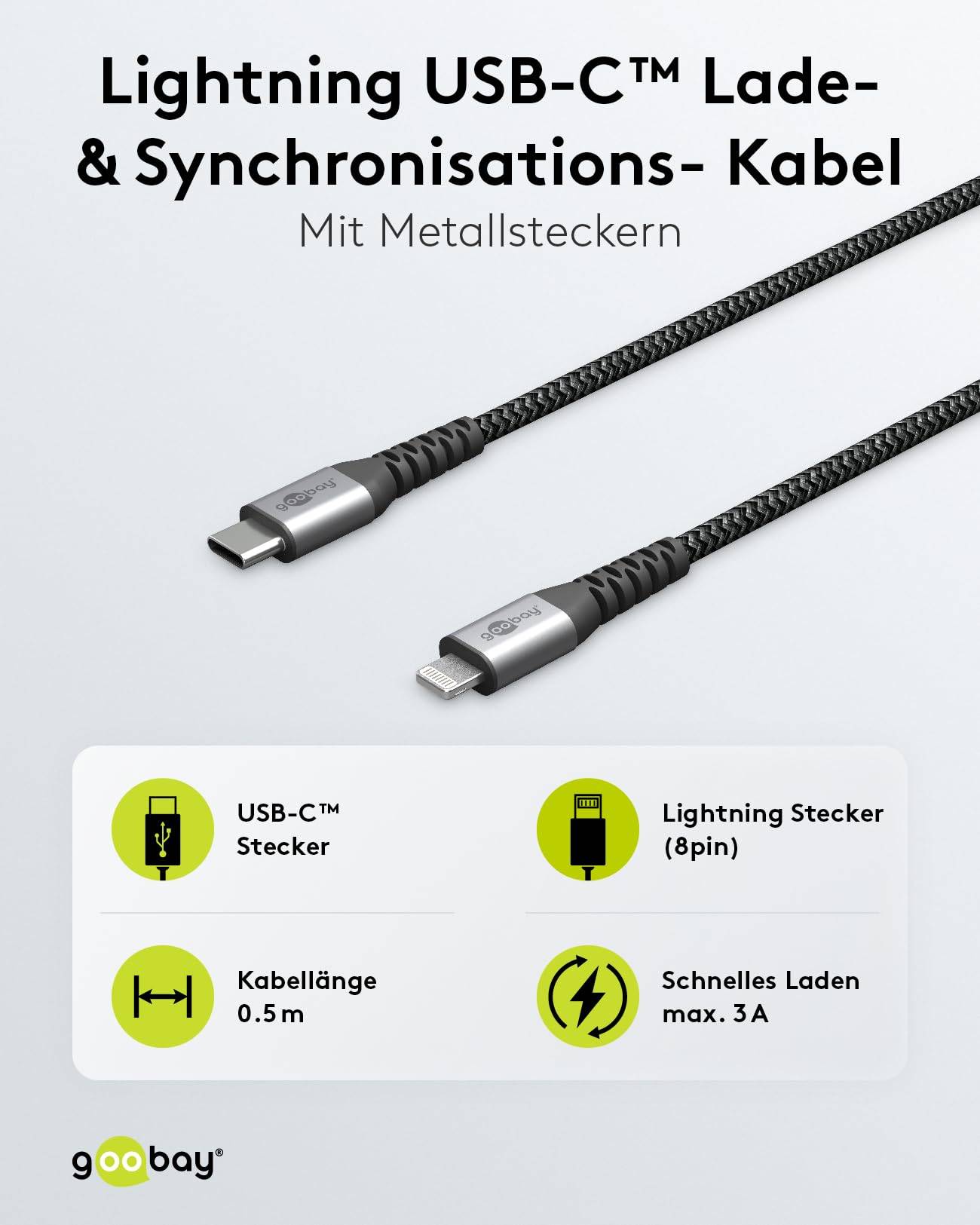 Goobay 49270 Lightning auf USB C Kabel Apple Ladekabel iPhone High Speed MFi iphoneladekabel Textilkabel Grau 0,5m-1