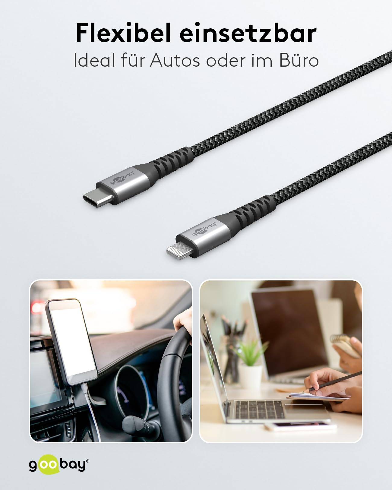 Goobay 49270 Lightning auf USB C Kabel Apple Ladekabel iPhone High Speed MFi iphoneladekabel Textilkabel Grau 0,5m-2