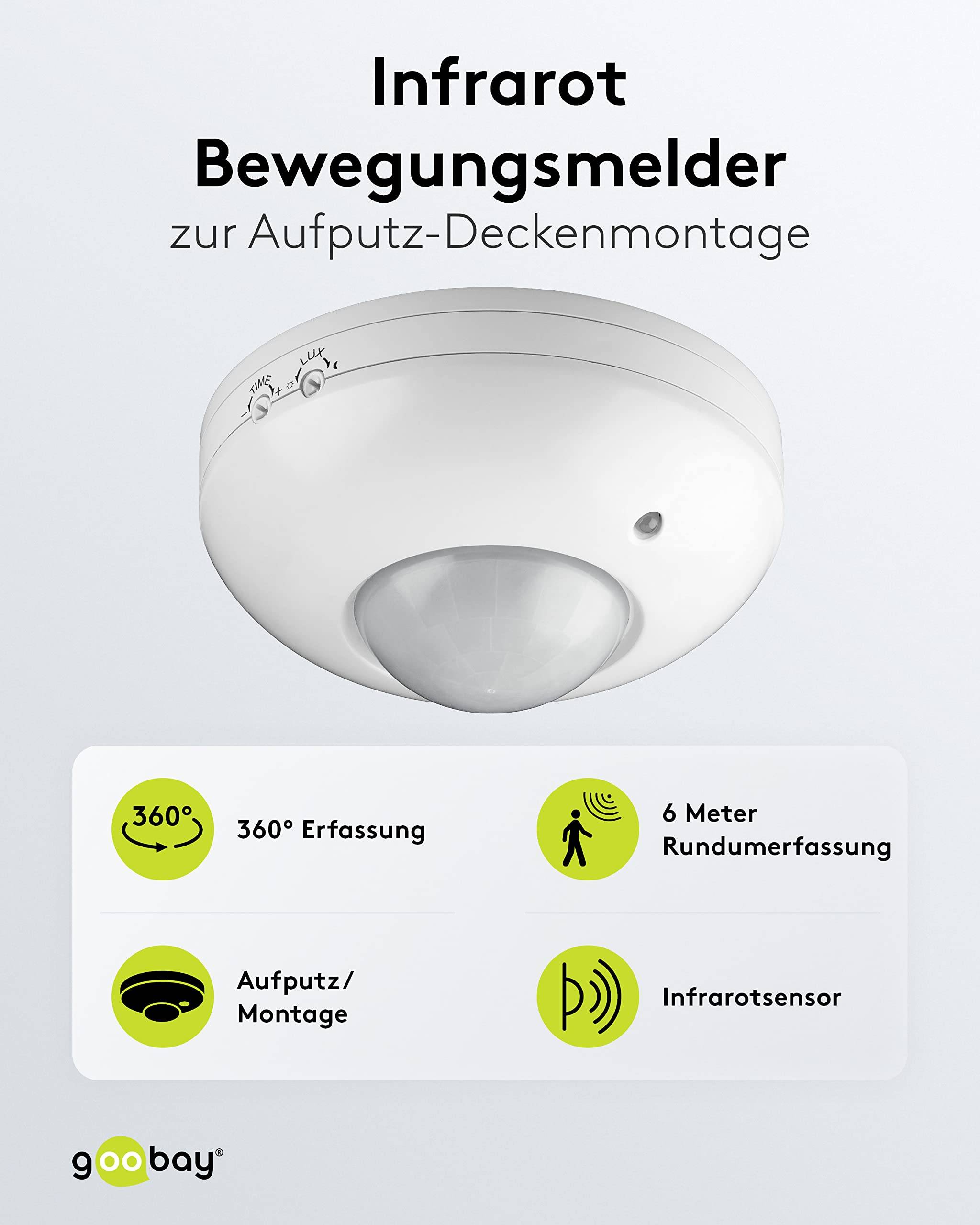 Goobay 95172 Infrarot Bewegungsmelder mit 360° PIR-Sensor für LED Deckenleuchte innen Aufputz Infrarot Melder, 6 m, Weiß-1
