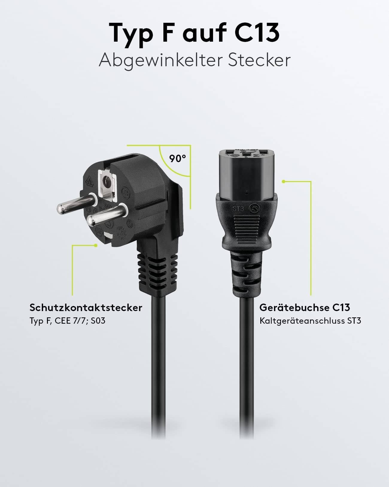 Goobay 95142 Kaltgerätekabel 90° gewinkelt / Schutzkontaktstecker & C13 Buchse / Stromkabel Netzkabel / Schwarz / 3m-3