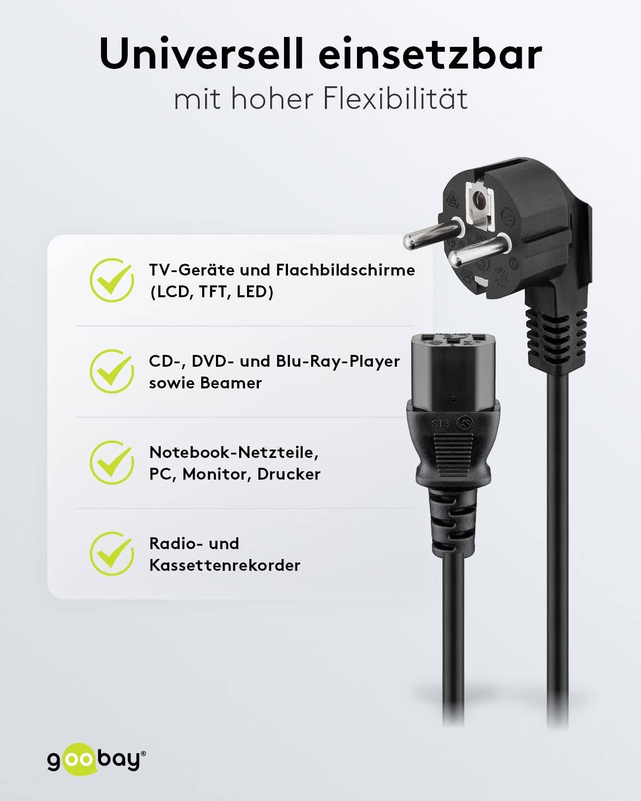 Goobay 95142 Kaltgerätekabel 90° gewinkelt / Schutzkontaktstecker & C13 Buchse / Stromkabel Netzkabel / Schwarz / 3m-4