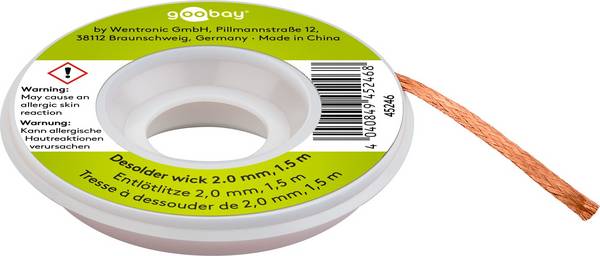 Goobay 45246 Entlötlitze 2.00 mm, reines Kupfer, Entlötdraht zur Entfernung von Lötzinn an Lötstellen, 1.5 m Spule
