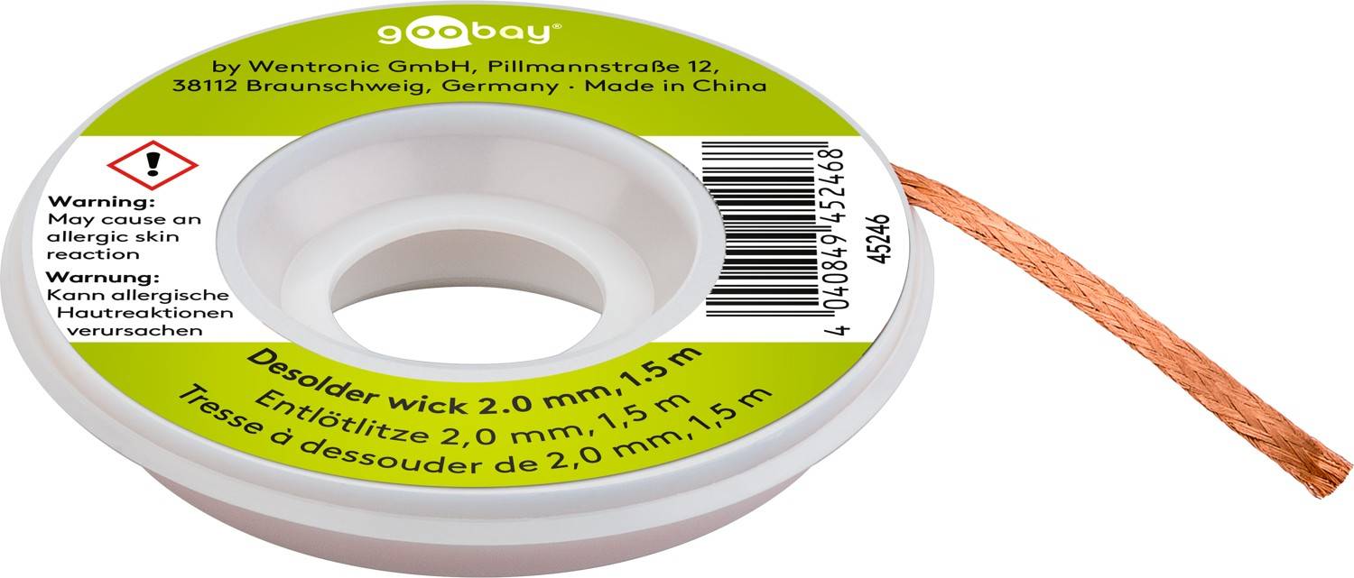 Goobay 45246 Entlötlitze 2.00 mm, reines Kupfer, Entlötdraht zur Entfernung von Lötzinn an Lötstellen, 1.5 m Spule-0