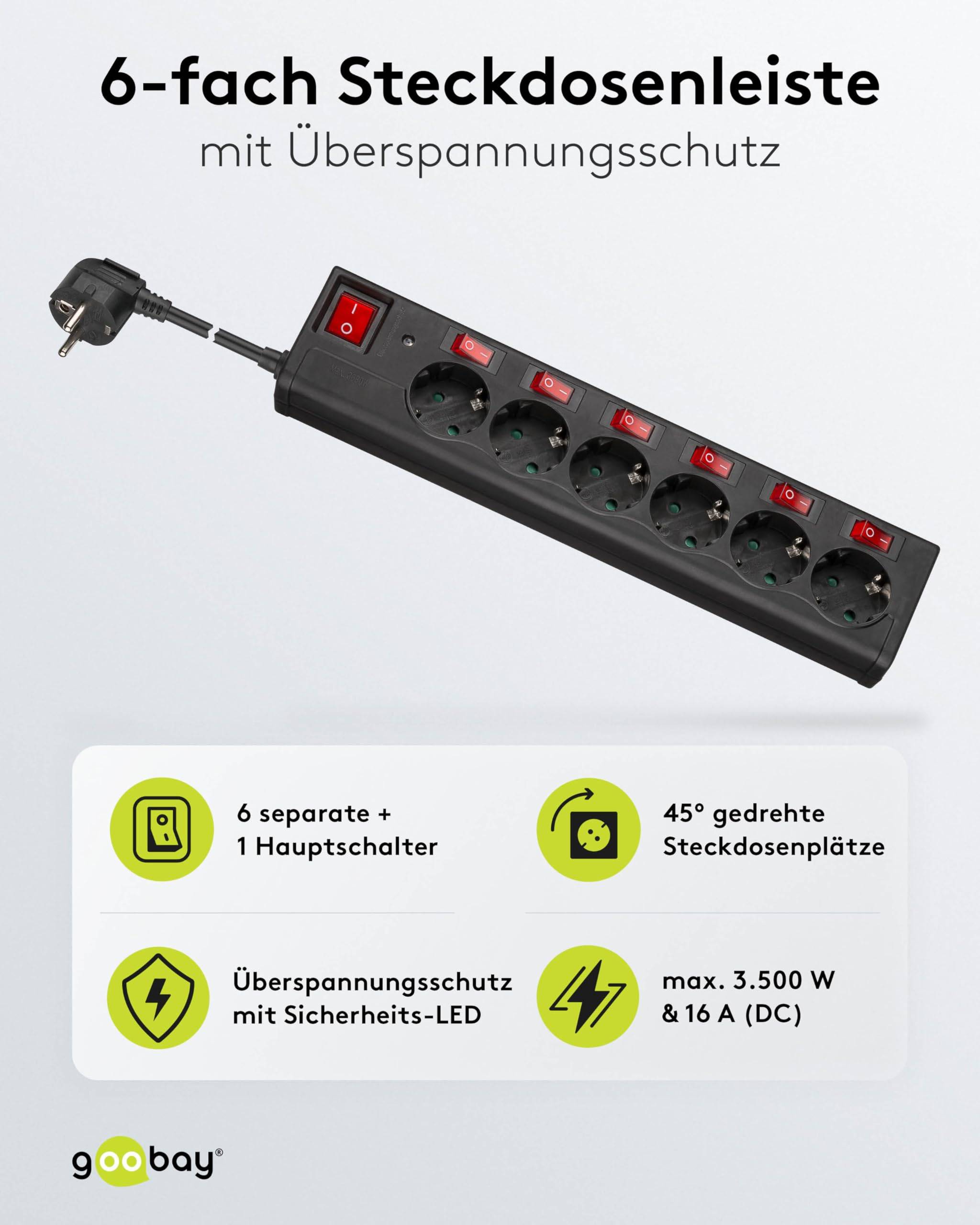 Goobay 72567 6fach Steckdosenleiste mit Schalter Steckdosen einzeln schaltbar Mehrfachsteckdose Steckleiste 1.5m Schwarz-1