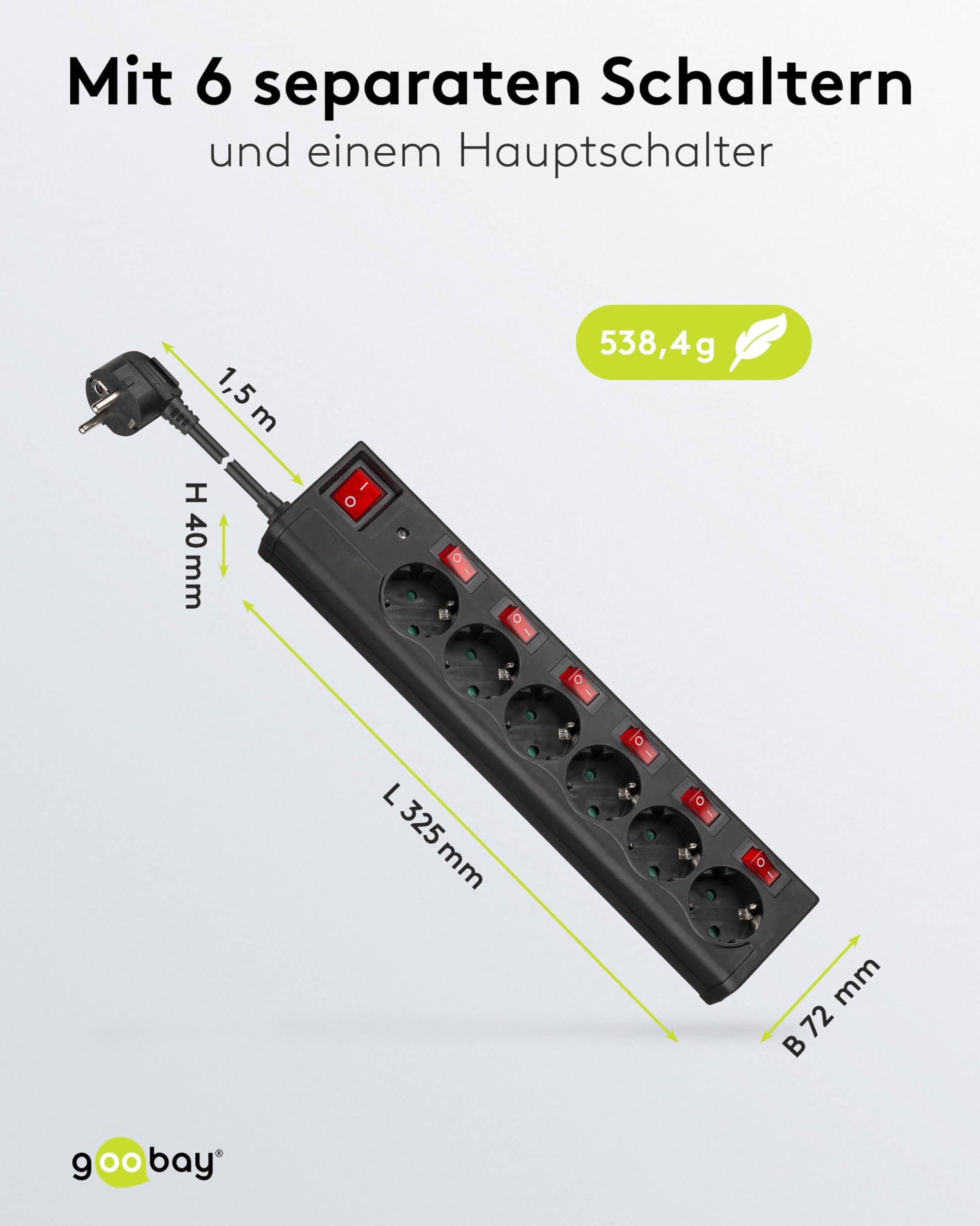 Goobay 72567 6fach Steckdosenleiste mit Schalter Steckdosen einzeln schaltbar Mehrfachsteckdose Steckleiste 1.5m Schwarz-2
