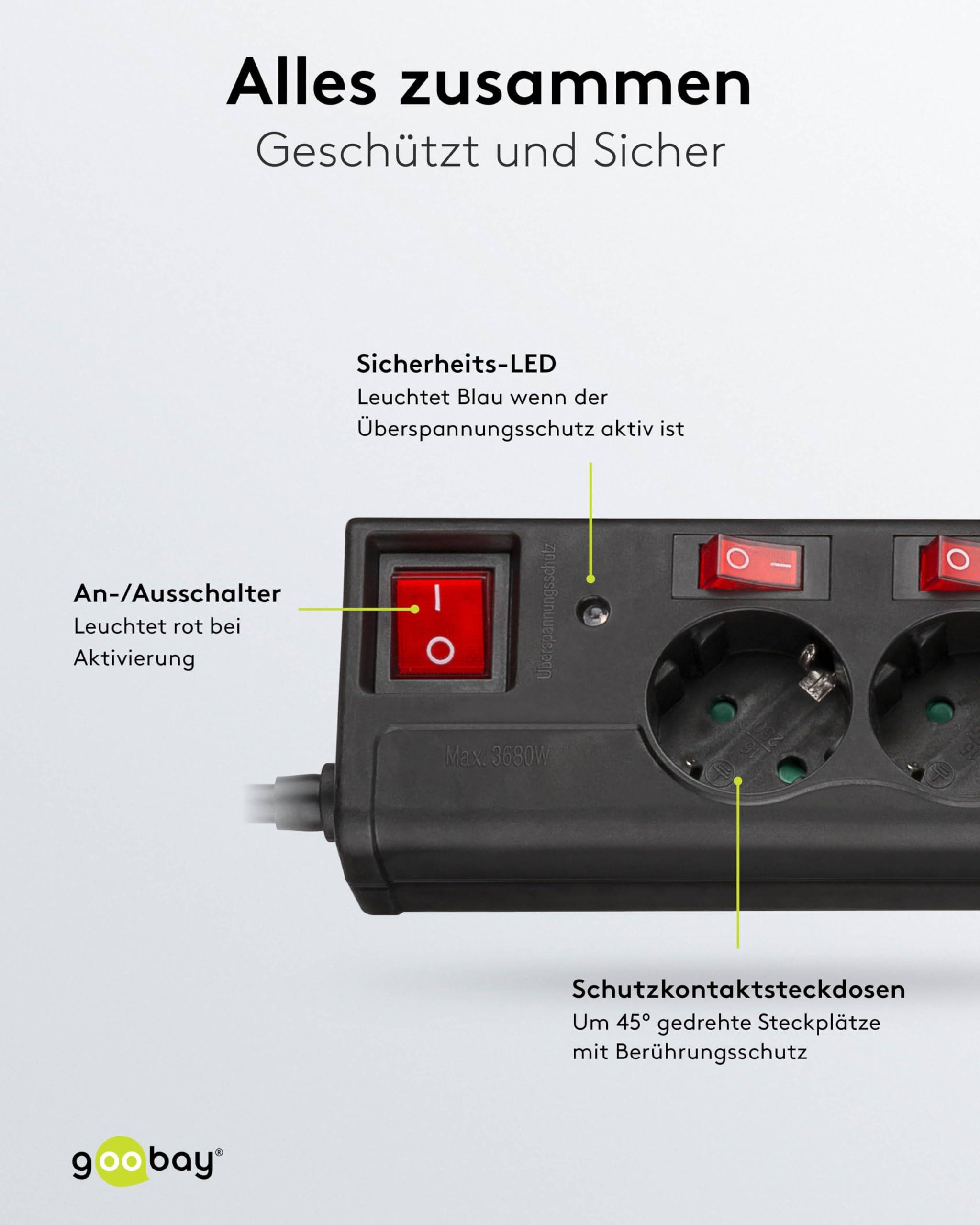 Goobay 72567 6fach Steckdosenleiste mit Schalter Steckdosen einzeln schaltbar Mehrfachsteckdose Steckleiste 1.5m Schwarz-3