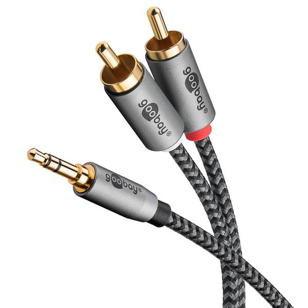 Goobay Plus 65289 AUX auf Cinch Adapterkabel / 3,5 mm Klinkenstecker / Y Cinchkabel Textilkabel Shark Skin / Grau / 3m