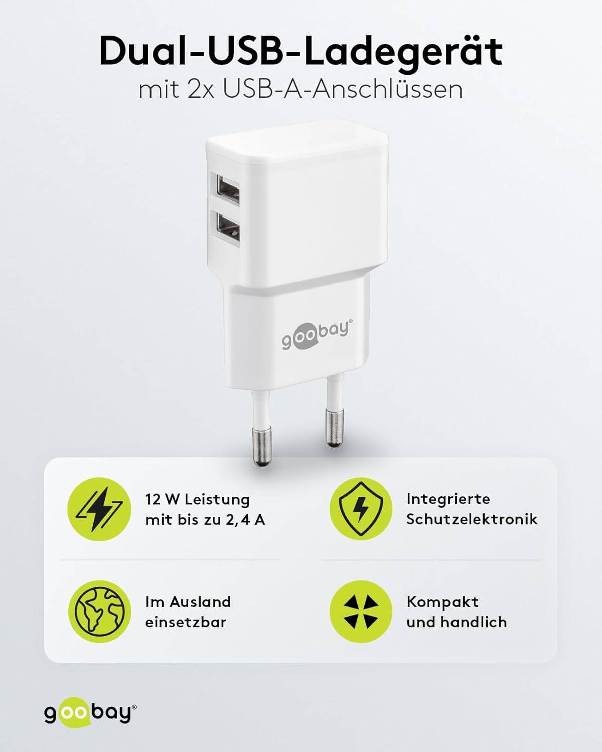 Goobay 44952 Dual USB-A Netzteil 12W / Universal Ladegerät Apple & Samsung / USB A Adapter / 2 Port Ladestecker / Weiß-1