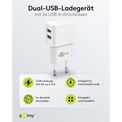 Goobay 44952 Dual USB-A Netzteil 12W / Universal Ladegerät Apple & Samsung / USB A Adapter / 2 Port Ladestecker / Weiß-1