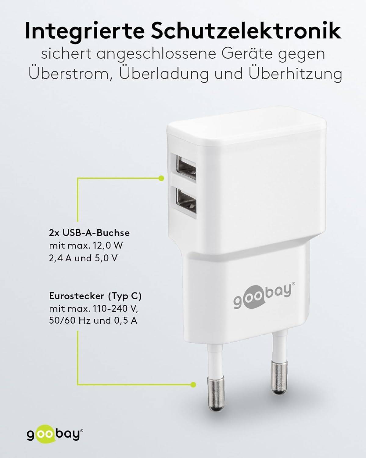 Goobay 44952 Dual USB-A Netzteil 12W / Universal Ladegerät Apple & Samsung / USB A Adapter / 2 Port Ladestecker / Weiß-3