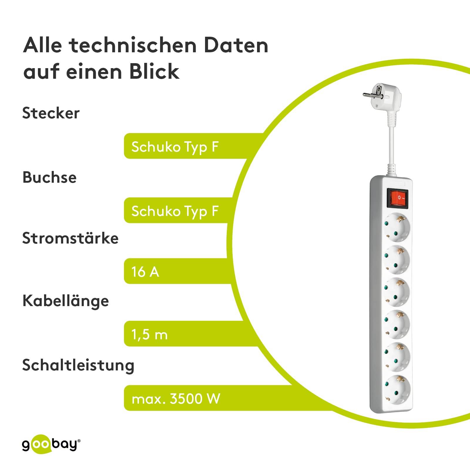 Goobay 51288 Steckdosenleiste mit Schalter zum Energiesparen, 6 fach Steckdose mit Überspannungsschutz, 1.5 m Kabel-5