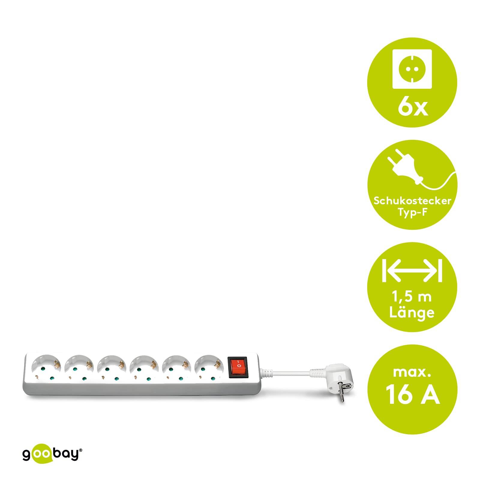 Goobay 51288 Steckdosenleiste mit Schalter zum Energiesparen, 6 fach Steckdose mit Überspannungsschutz, 1.5 m Kabel-1