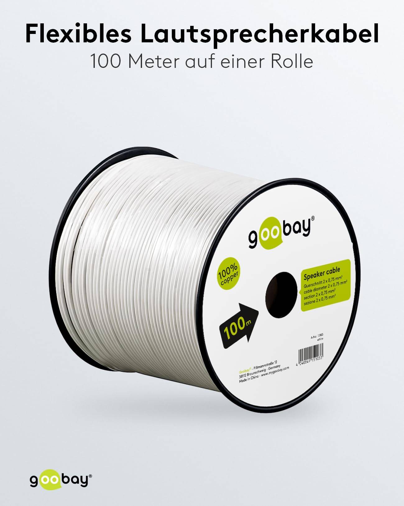 Goobay 15103 Lautsprecherkabel 2x 0,75 mm² Kupferlitze / Audiokabel Boxenkabel / Kupferkabel Meterware / Weiß / 100m-4