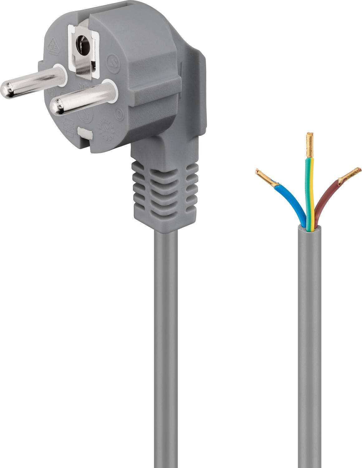 Goobay 50082 Netzkabel mit abgewinkeltem Schutzkontaktstecker universelles Stromkabel mit offene Kabelenden Grau, 2.00 m