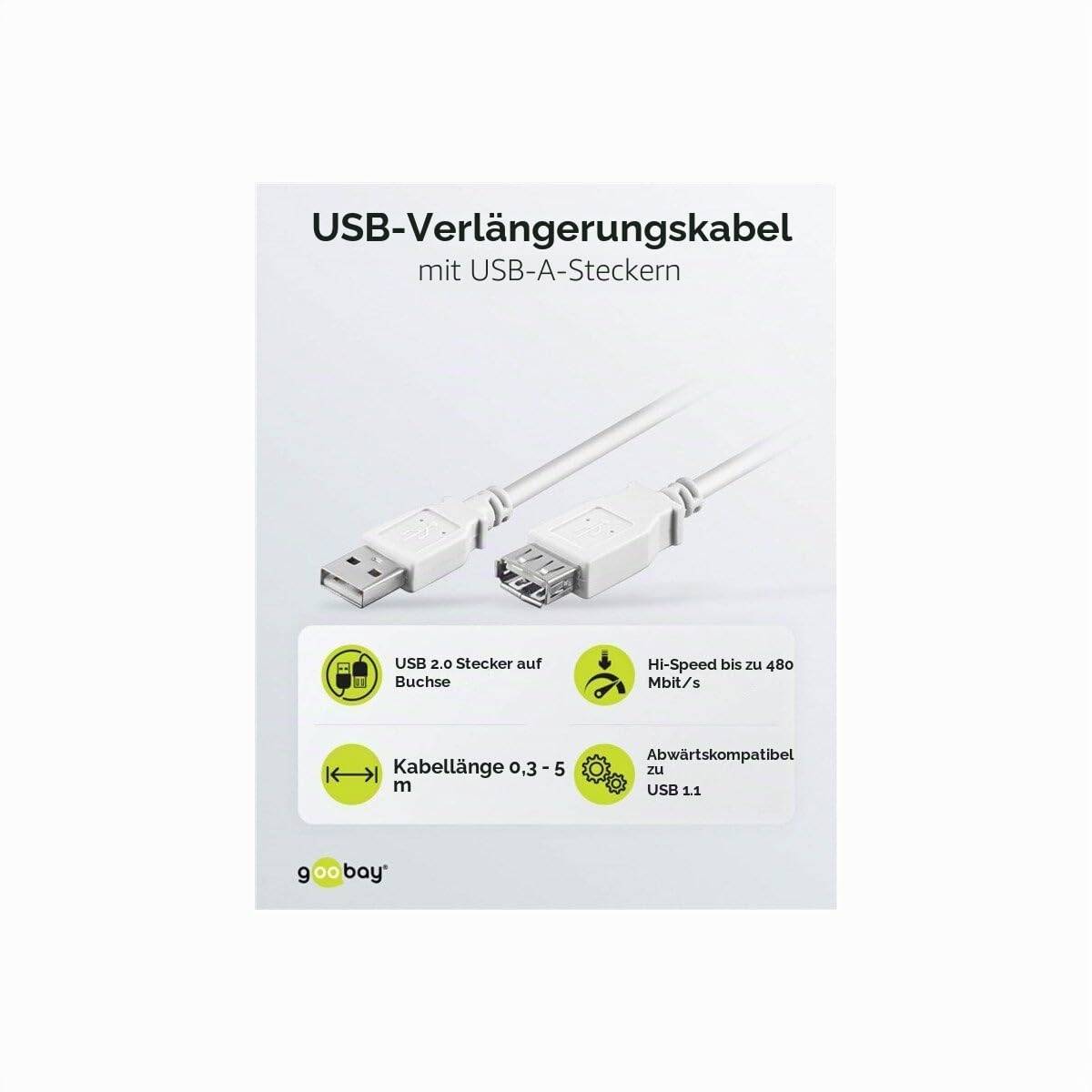 Goobay 96198 USB A 2.0 Highspeed Verlängerungskabel / Handyladekabel 480 Mbits / USB Kabel verlängern / Weiß / 1,8m-1