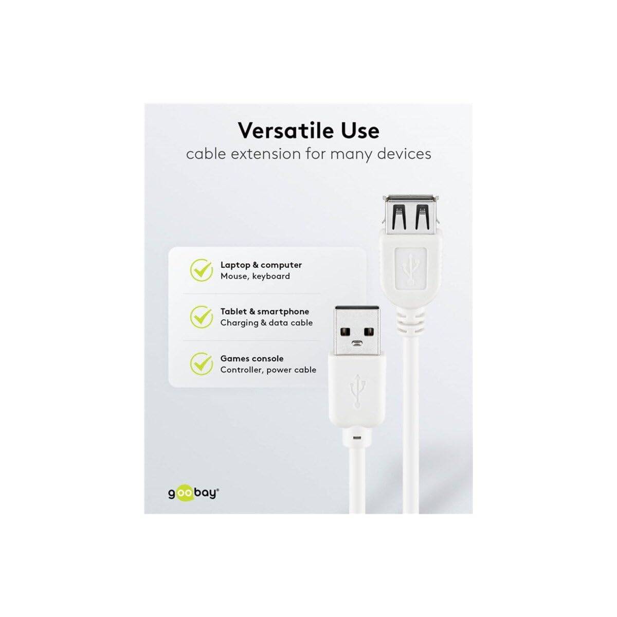 Goobay 96198 USB A 2.0 Highspeed Verlängerungskabel / Handyladekabel 480 Mbits / USB Kabel verlängern / Weiß / 1,8m-3