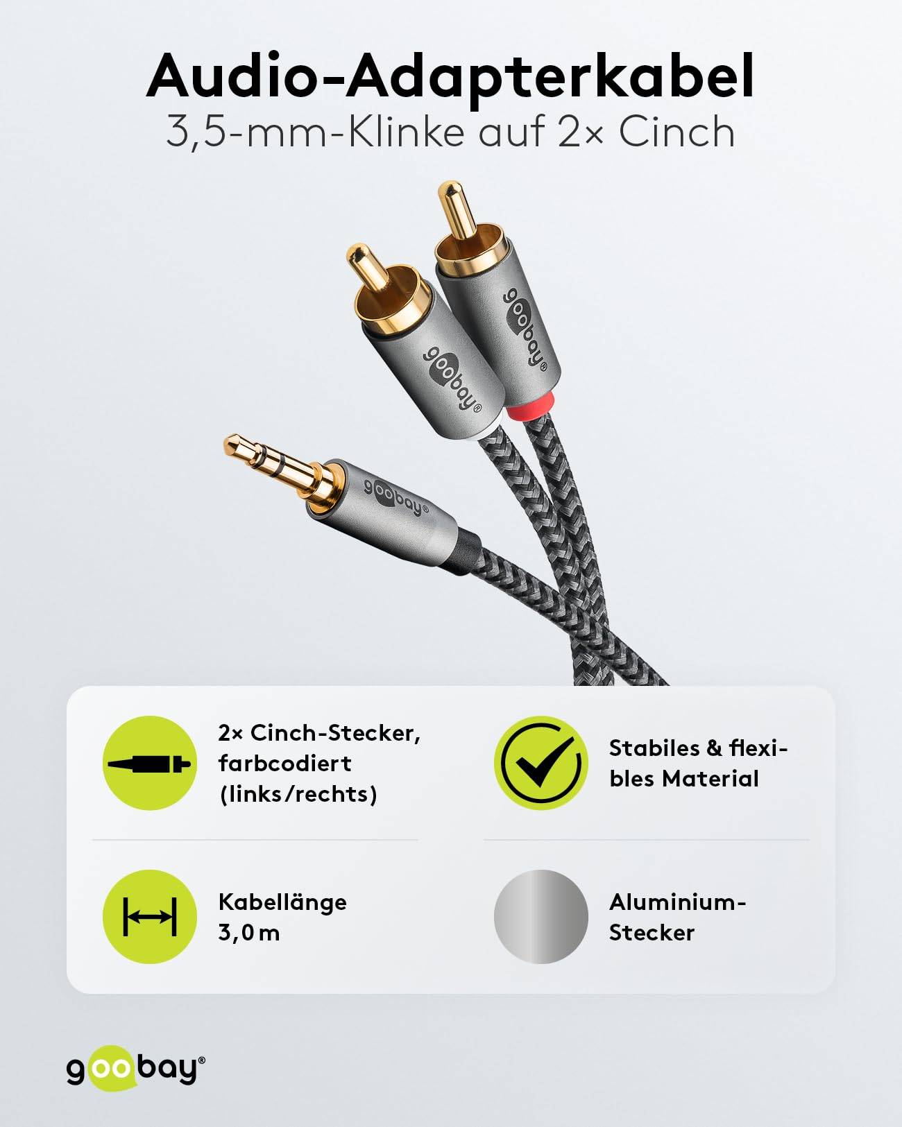 Goobay Plus 65289 AUX auf Cinch Adapterkabel / 3,5 mm Klinkenstecker / Y Cinchkabel Textilkabel Shark Skin / Grau / 3m-1