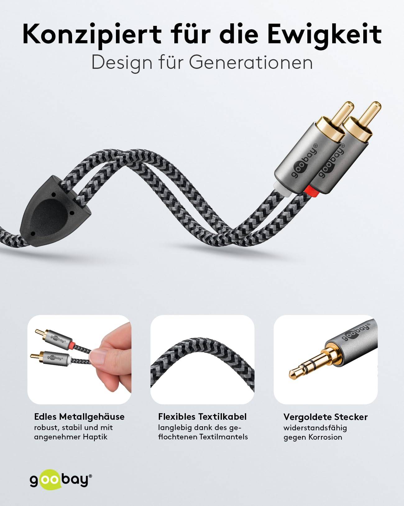 Goobay Plus 65289 AUX auf Cinch Adapterkabel / 3,5 mm Klinkenstecker / Y Cinchkabel Textilkabel Shark Skin / Grau / 3m-2