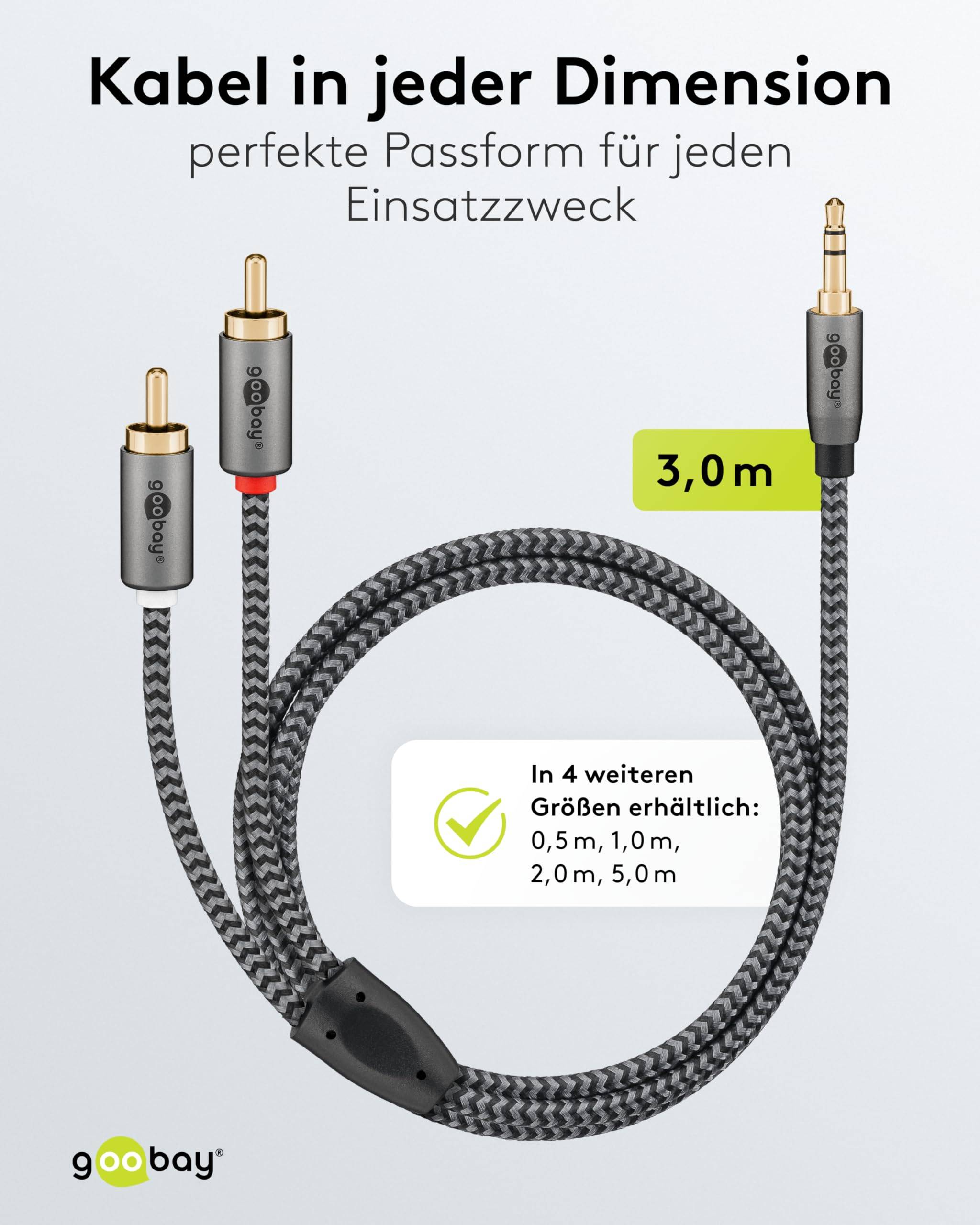 Goobay Plus 65289 AUX auf Cinch Adapterkabel / 3,5 mm Klinkenstecker / Y Cinchkabel Textilkabel Shark Skin / Grau / 3m-3