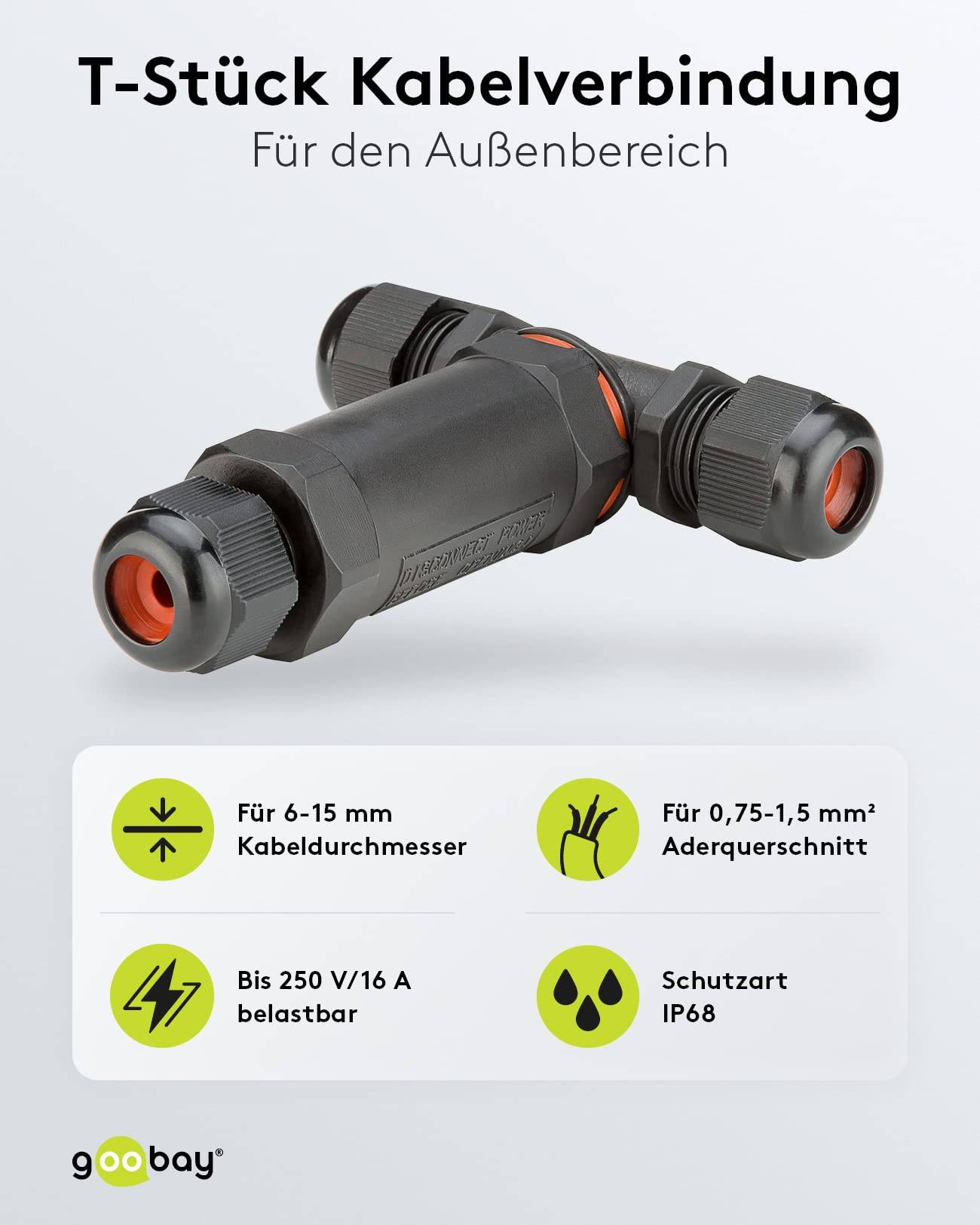 Goobay 81286 Outdoor T-Stück Kabelverbinder wasserdicht IP68 3 polige Kabelmuffe Stromkabel verbinden T Verbindungsmuffe-1