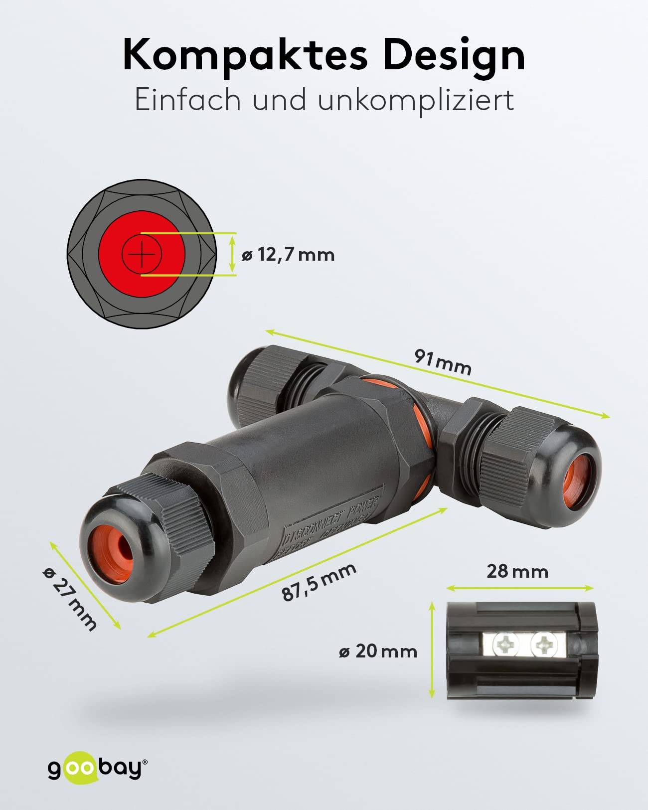 Goobay 81286 Outdoor T-Stück Kabelverbinder wasserdicht IP68 3 polige Kabelmuffe Stromkabel verbinden T Verbindungsmuffe-2