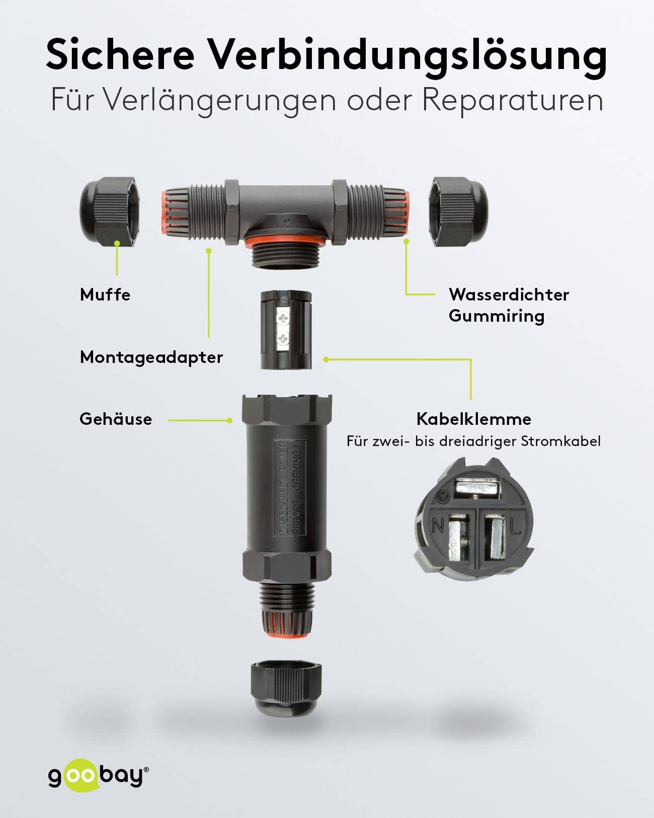 Goobay 81286 Outdoor T-Stück Kabelverbinder wasserdicht IP68 3 polige Kabelmuffe Stromkabel verbinden T Verbindungsmuffe-3